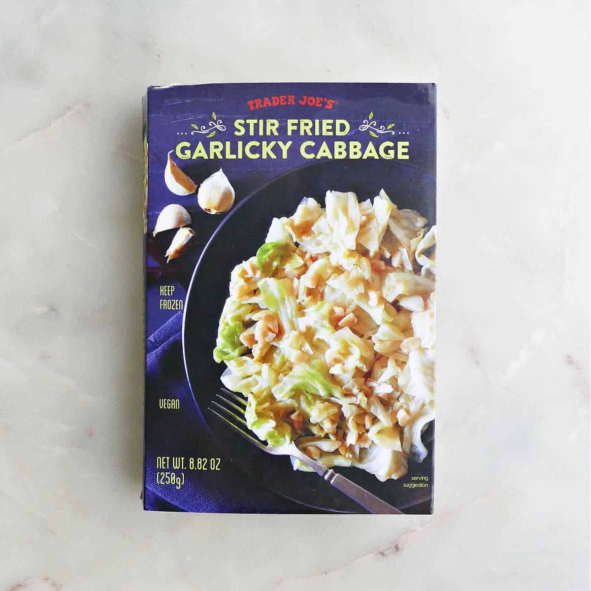 package of Trader joe's stir fried cabbage on a counter