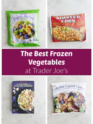 collage of images of frozen vegetables from trader joe's with text boxes