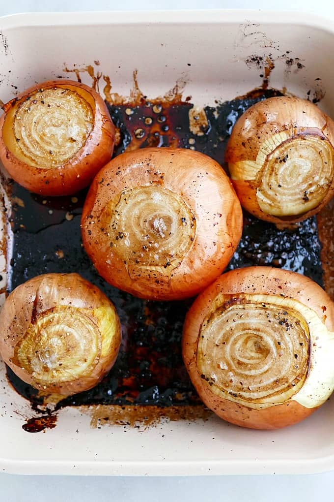 Whole Roasted Onions in a baking dish