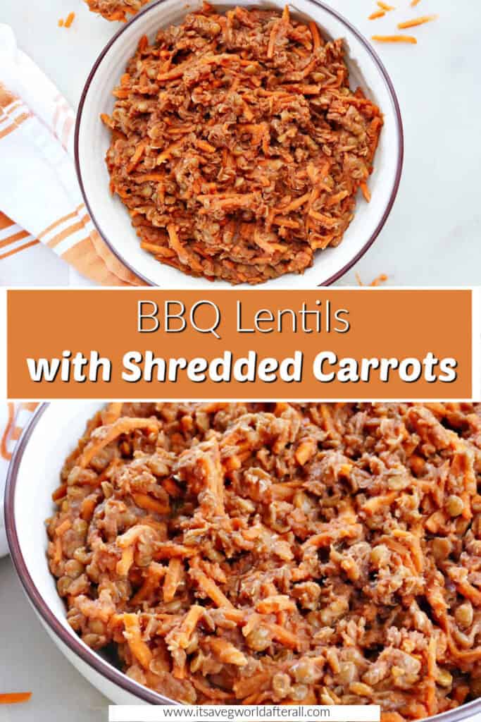 BBQ lentils in a bowl separated by text box with recipe name