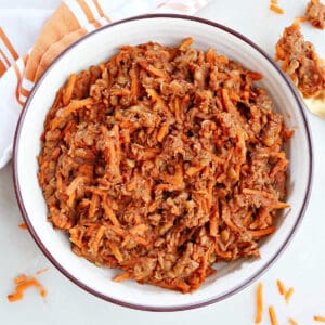 BBQ lentils and carrots in a bowl on a counter