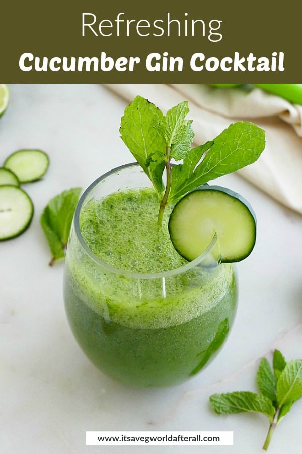 image of blended cucumber gin cocktail with text box on top
