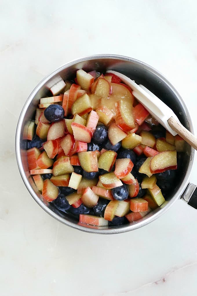 blueberry rhubarb jam ingredients in a sauce pan