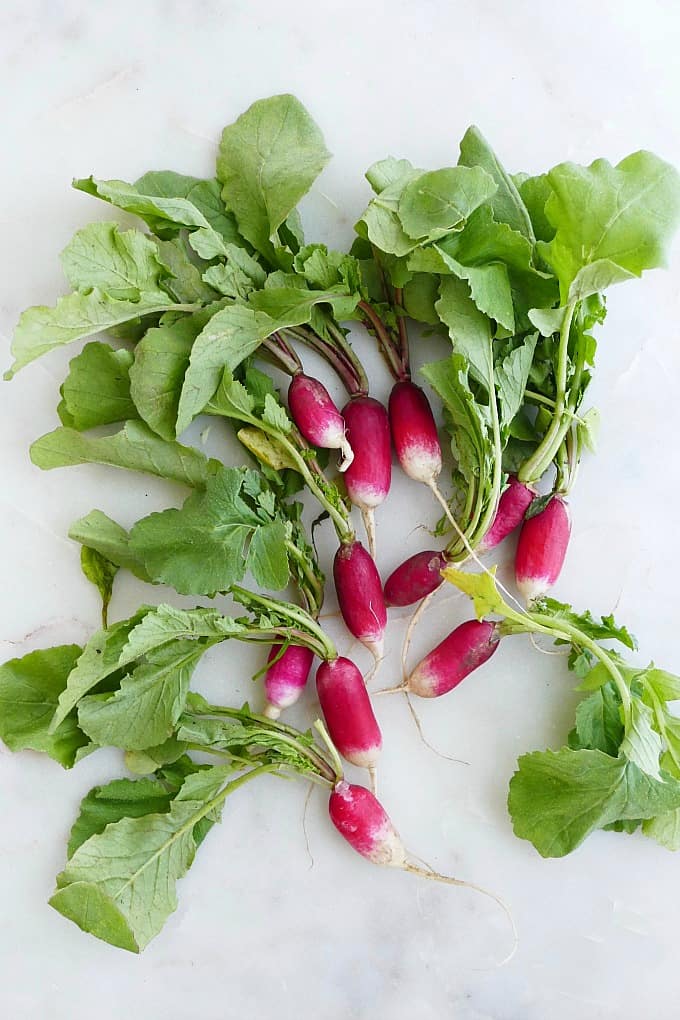 12 French breakfast radishes with their leaves spread out on a white counter
