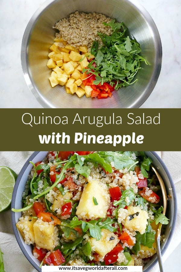 images of quinoa salad separated by a green text box with recipe title