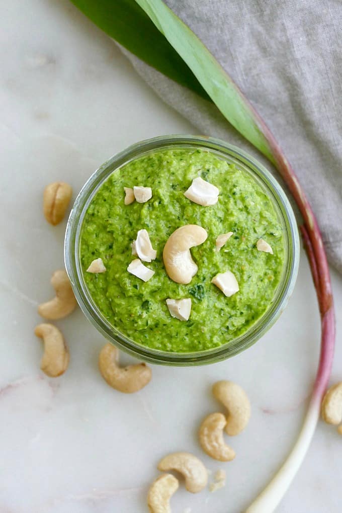 ramp pesto with toasted cashews in a circular glass dish