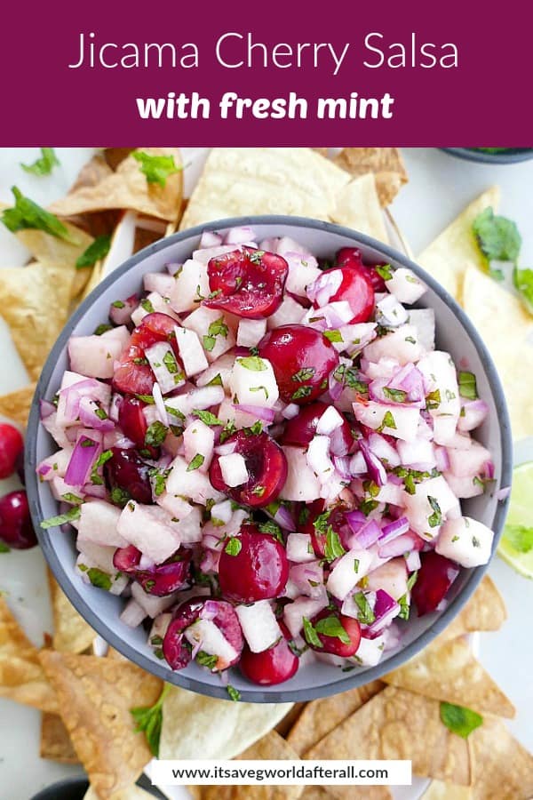image of salsa with a purple text box on top with recipe title