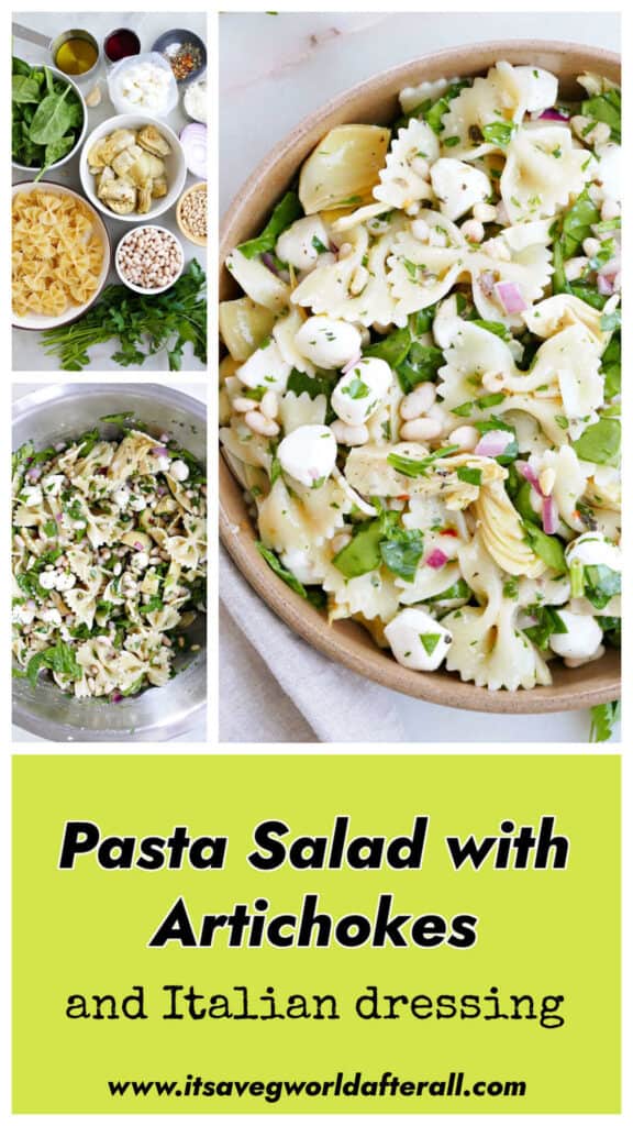 ingredients for pasta salad and recipe in a bowl and serving dish with text box