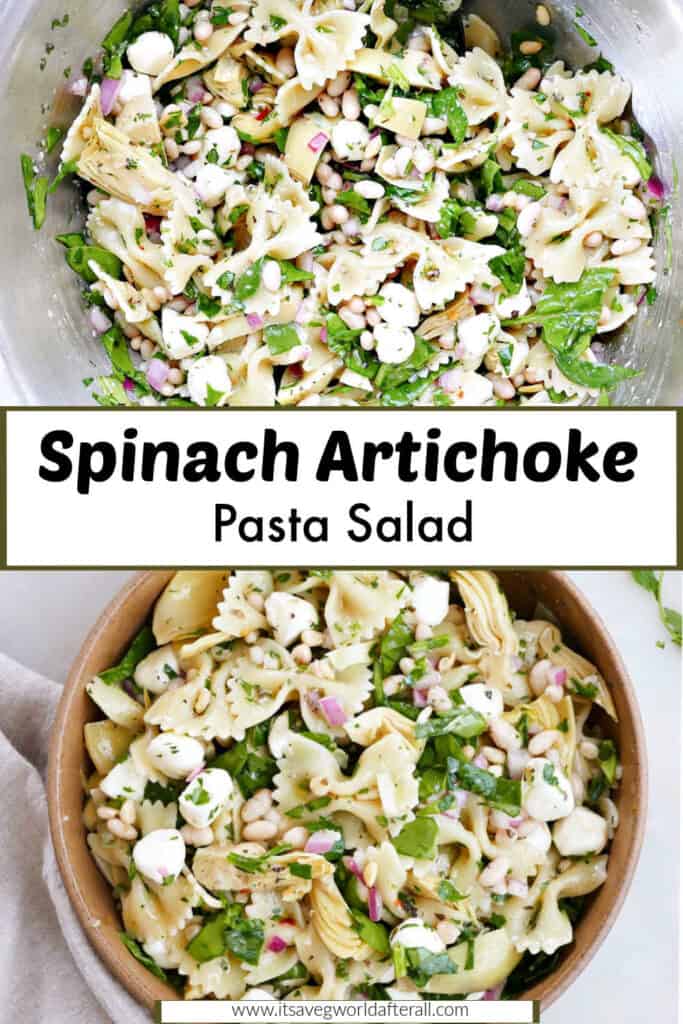 spinach artichoke pasta salad separated by text box with recipe name