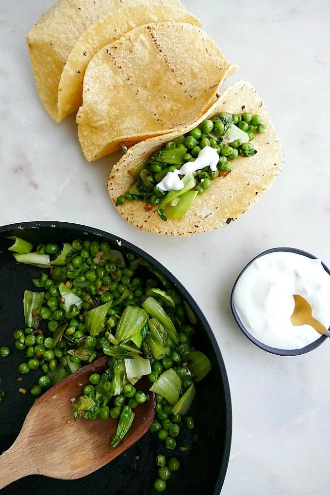 pea and bok choy tacos