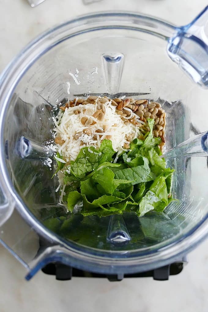 overhead shot of ingredients for pesto in a vitamix blender on a counter