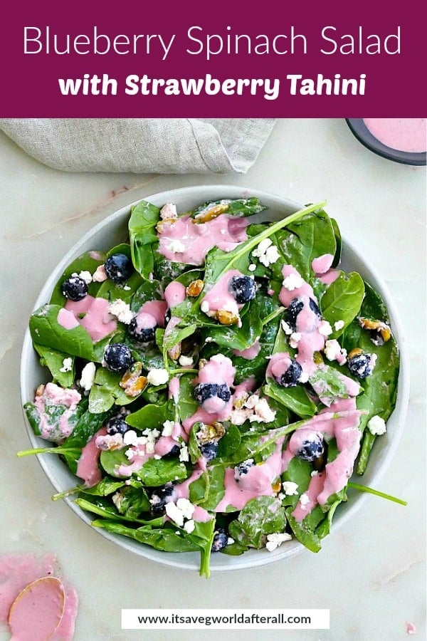 image of a blueberry and spinach salad with a purple text box on top