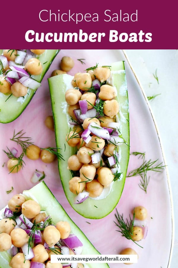 close-up image of chickpea salad cucumber boats with a purple text box
