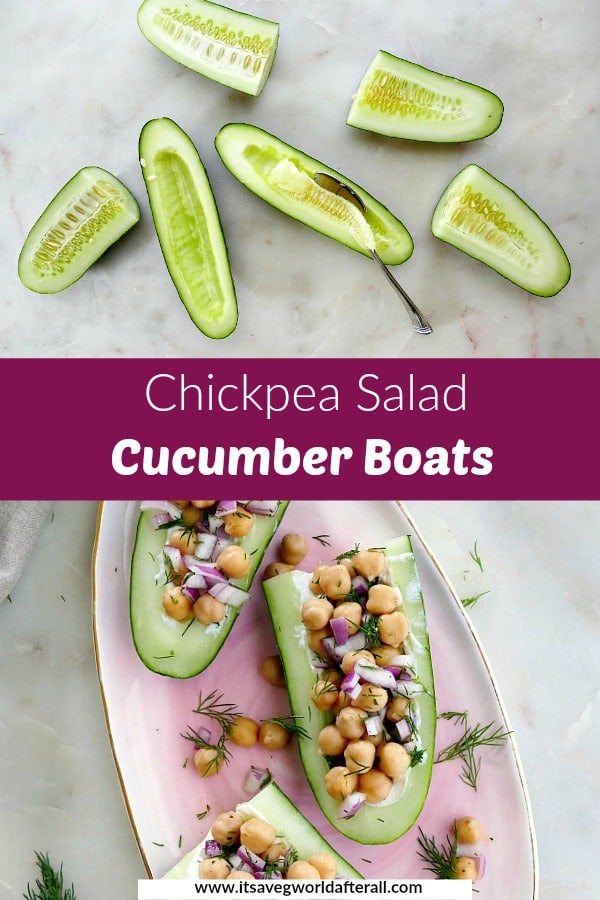 two images of stuffed cucumber recipe with a purple text box in between