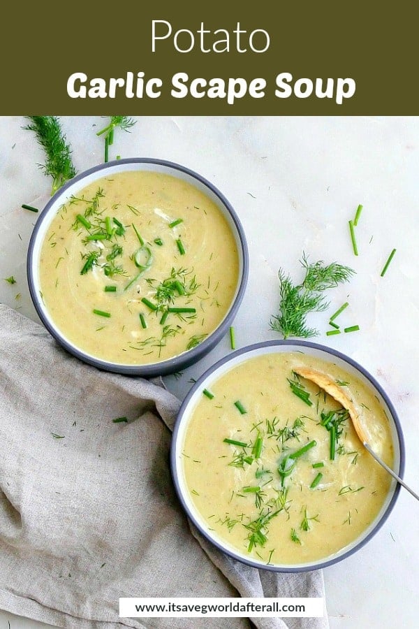 two bowls of soup with a green text box with the recipe title