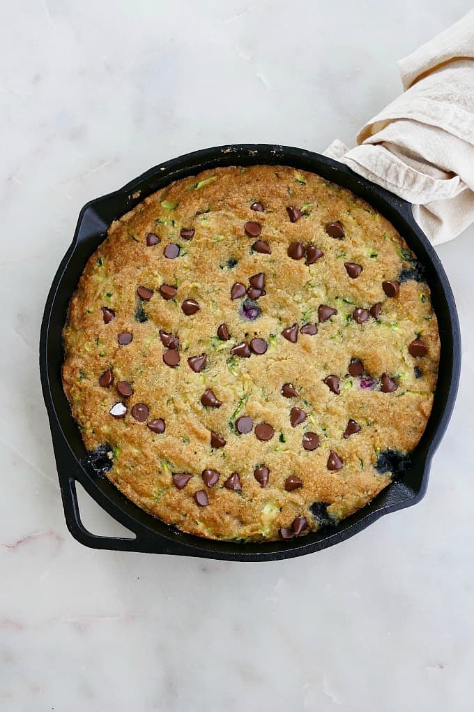 Chocolate zucchini gluten free skillet cookie.