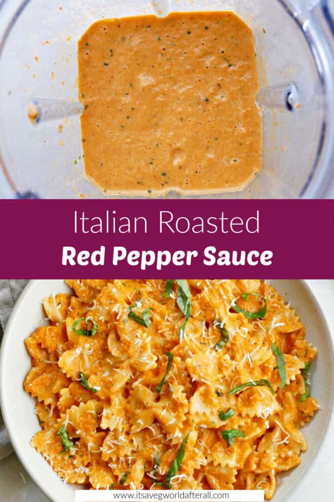 blended red pepper sauce and pasta covered with it separated by text box with recipe named