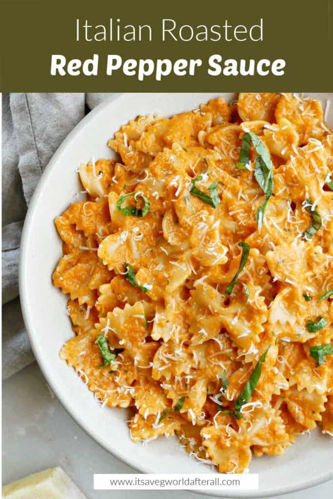 pasta covered with red pepper sauce under text box with recipe name