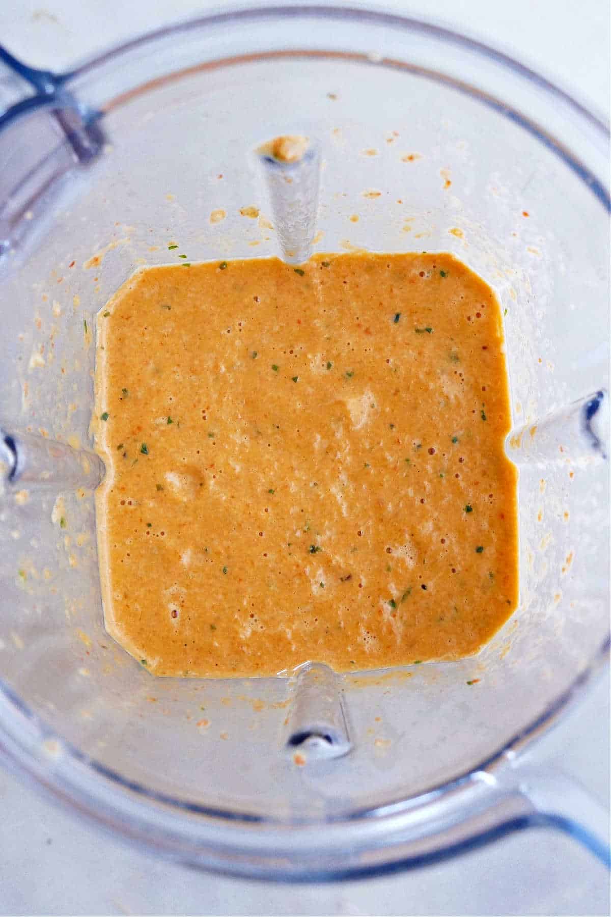 roasted red pepper pasta sauce in a blender on a counter