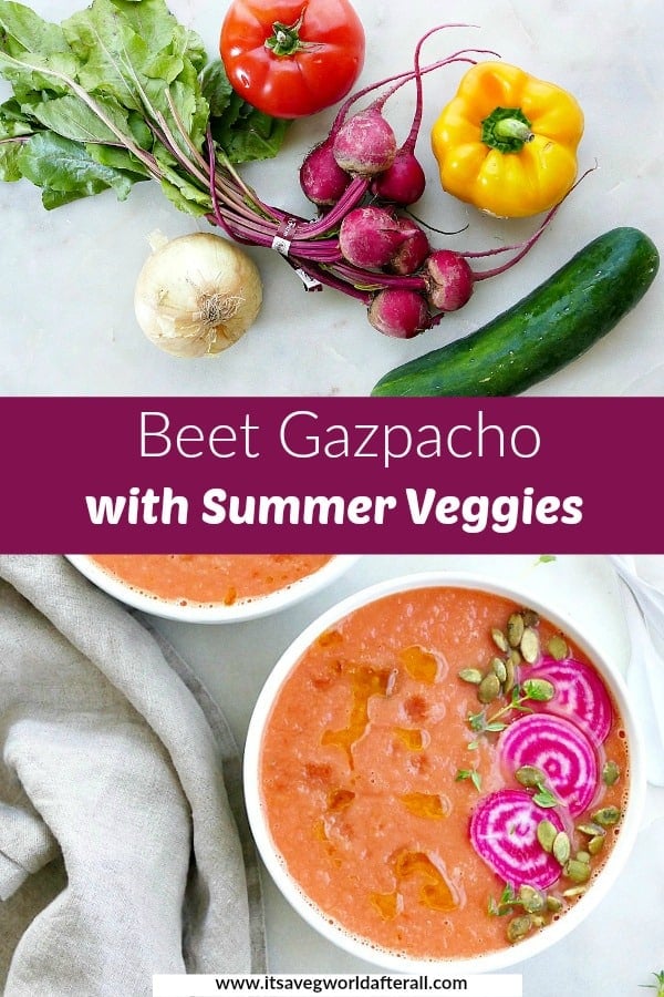 photos of gazpacho ingredients and finished recipe with a text box in between