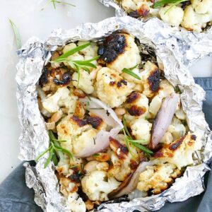 garlic rosemary grilled cauliflower foil packets