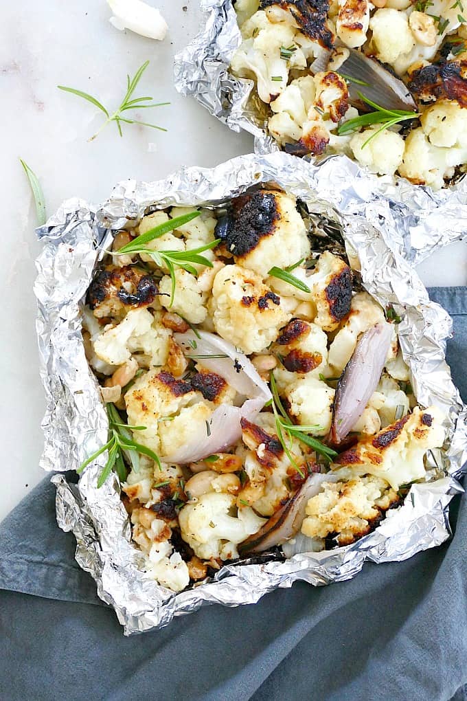 garlic rosemary grilled cauliflower foil packets