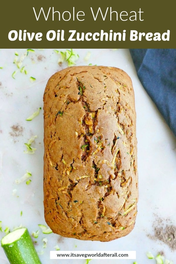 image of a healthy zucchini bread loaf with a green text box on top with title