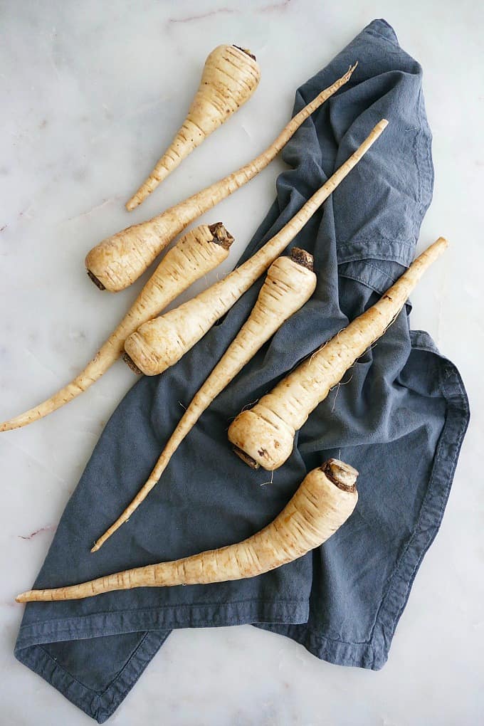 parsnips on a blue napkin