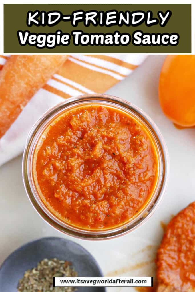 hidden veggie tomato sauce in a glass jar with text boxes for recipe name and website