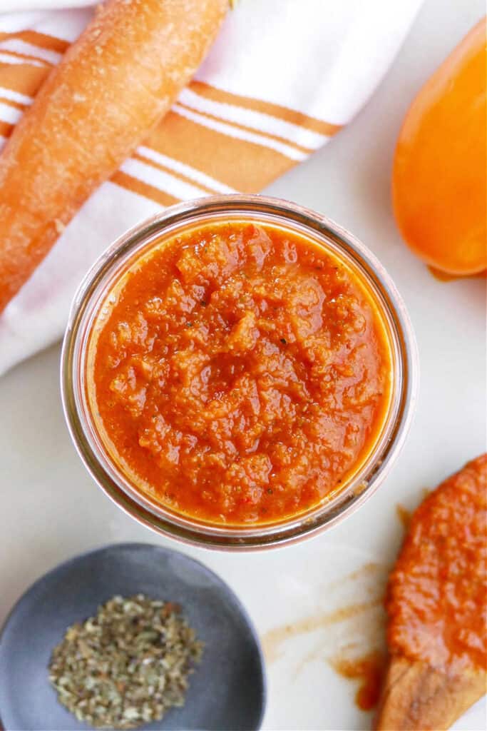 hidden veggie pasta sauce in a glass jar on a counter