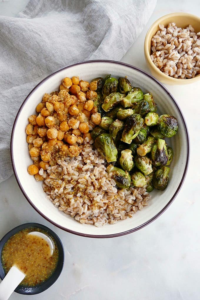 honey mustard brussels sprouts and chickpea bowls