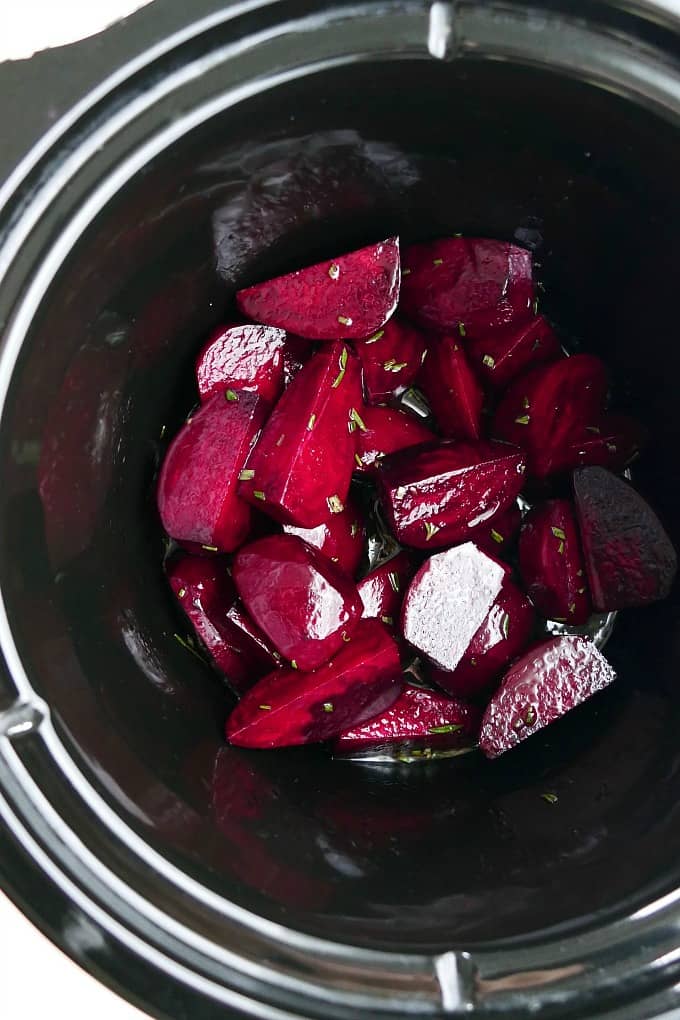 sliced beets in a slow cooker