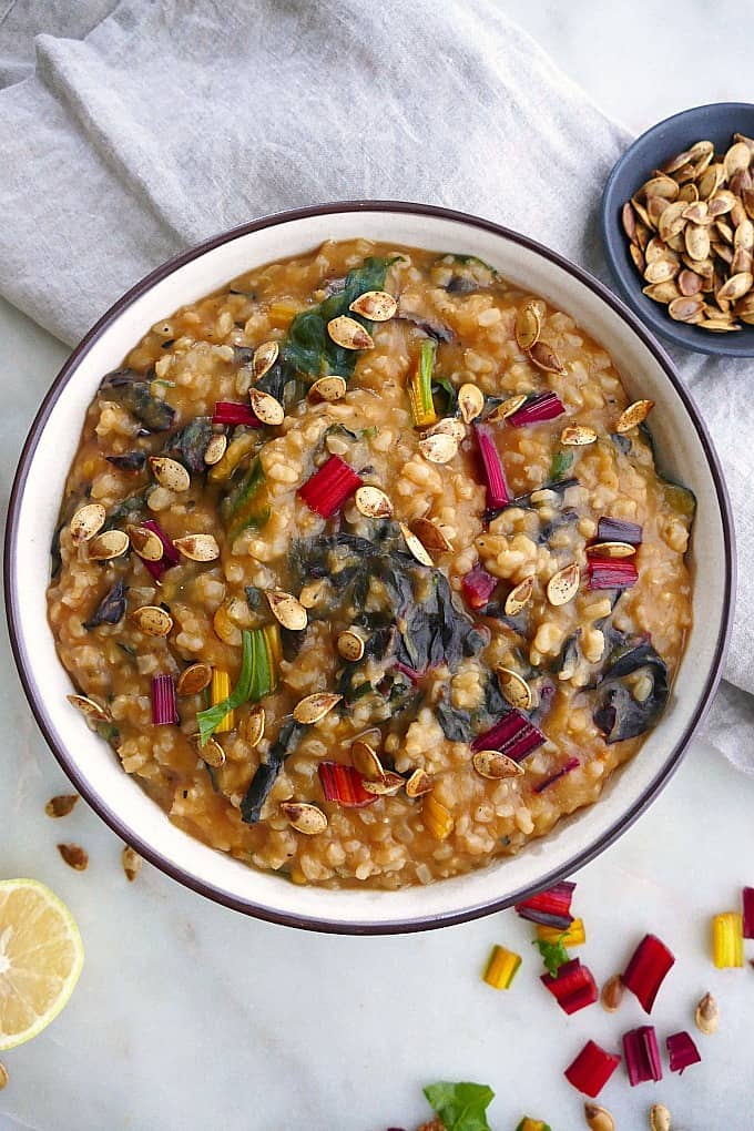 acorn squash risotto with rainbow chard