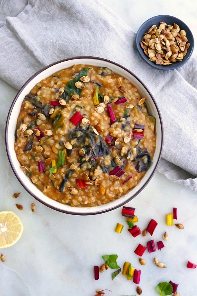 acorn squash risotto with rainbow chard