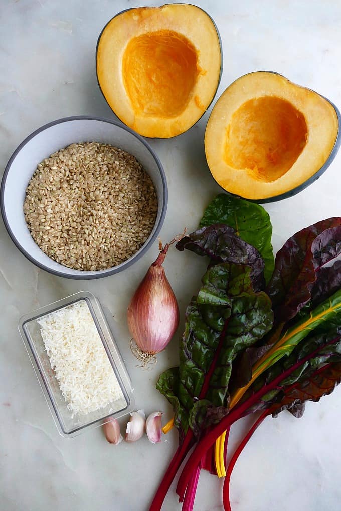 ingredients for risotto with acorn squash and rainbow chard