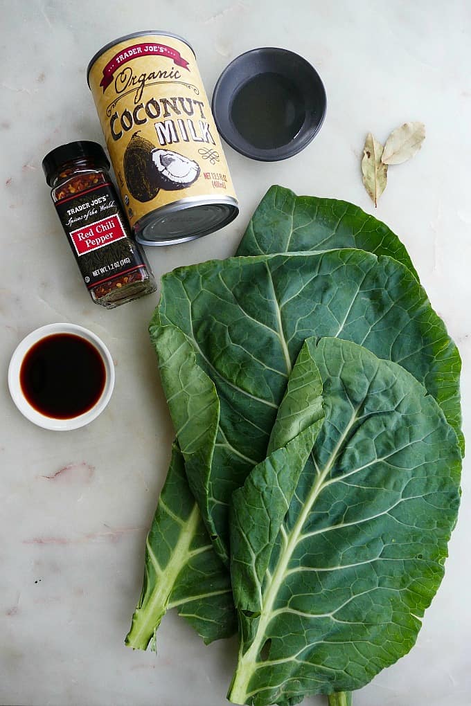 collard greens, soy sauce, pepper flakes, coconut milk, rice vinegar, bay leaves