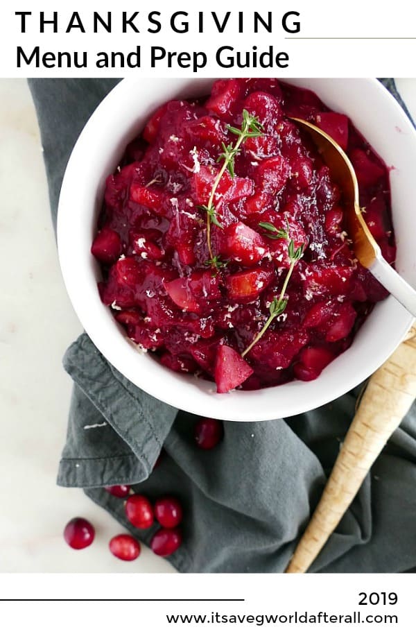photo of cranberry sauce in a bowl with text overlay Thanksgiving Menu