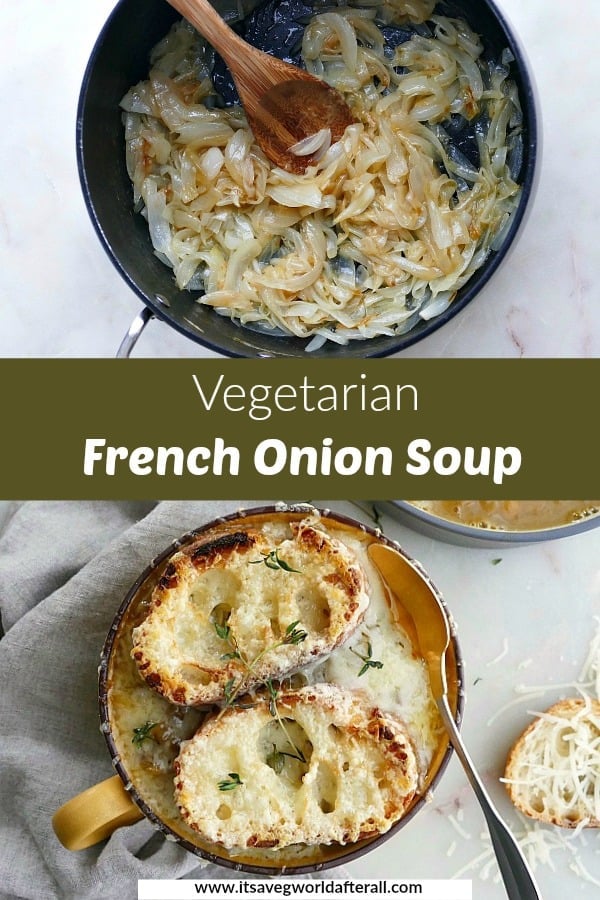 vegetarian french onion soup with lentils with text overlay