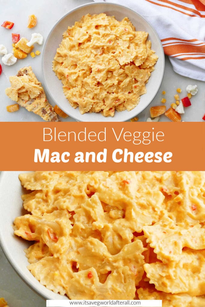 images of veggie mac and cheese separated by text box with recipe name