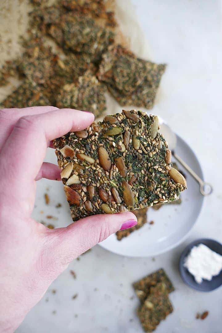 close up of a hand holding a seed and kale cracker