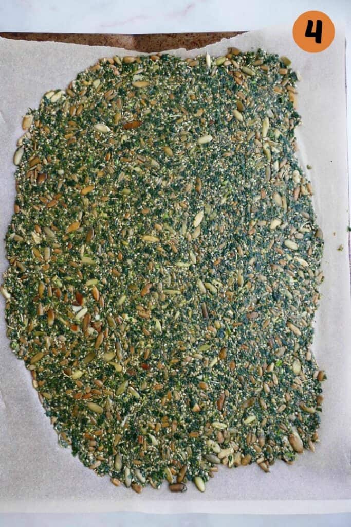 kale crackers spread out on parchment on a baking sheet