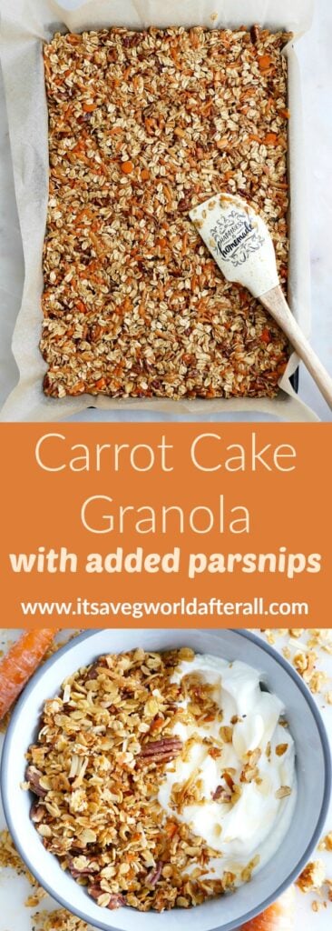 two images of carrot cake granola separated by an orange text box