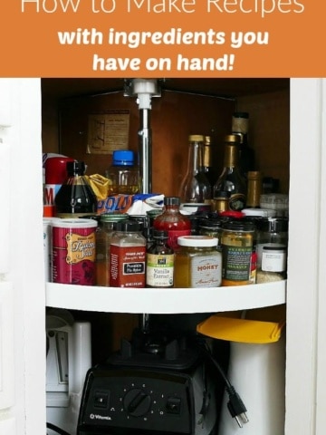 photo of a lazy susan with pantry ingredients and an orange text box