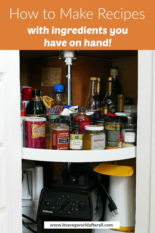 photo of a lazy susan with pantry ingredients and an orange text box