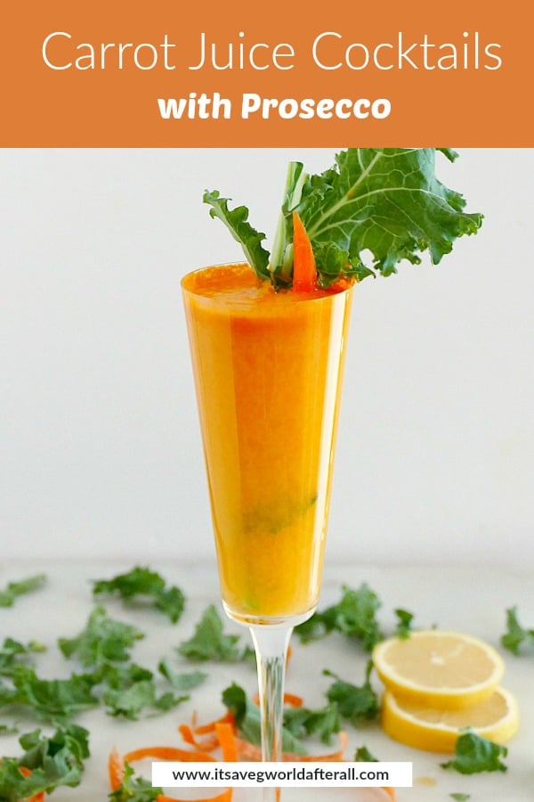 carrot juice cocktail in a champagne flute with an orange text box with the recipe name