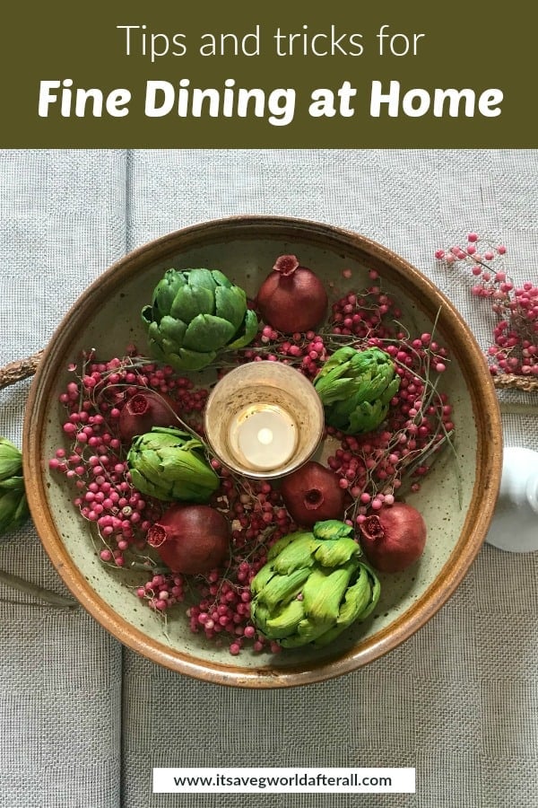 a centerpiece with a green and brown bowl with dried fruit and text overlay on top