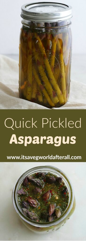 two images of pickled asparagus with a green text box in the middle
