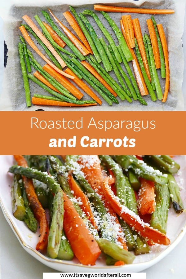 two images of carrots and asparagus with an orange text box in the middle