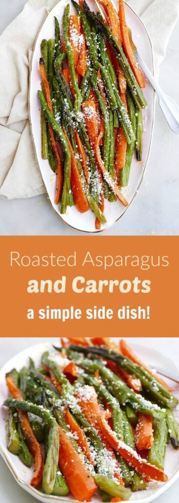 two images of roasted carrots and asparagus divided by an orange text box