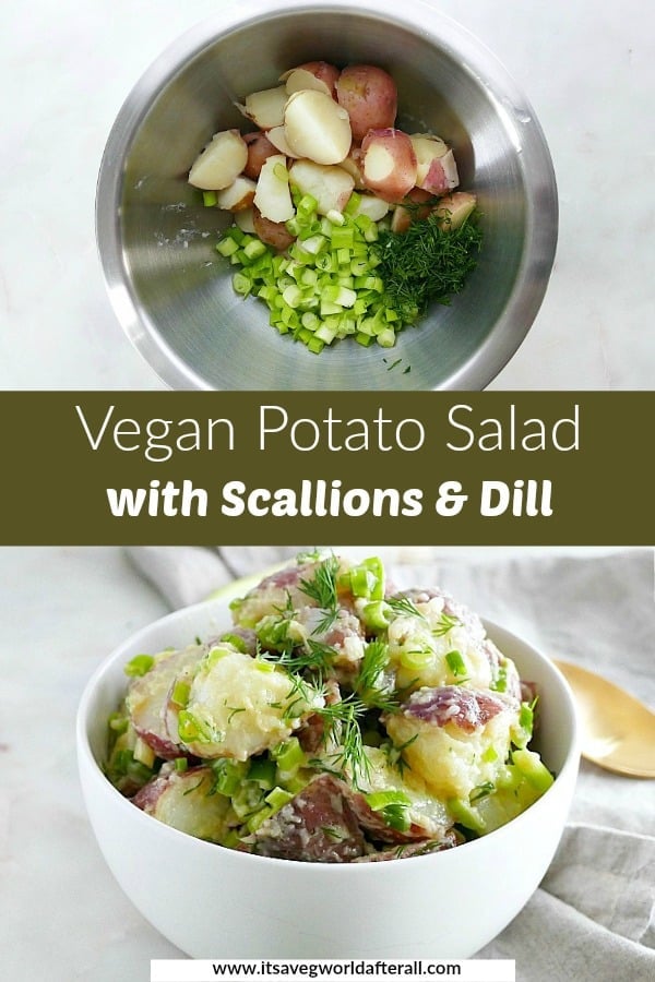 before and after images of potato salad separated by a green text box with recipe name